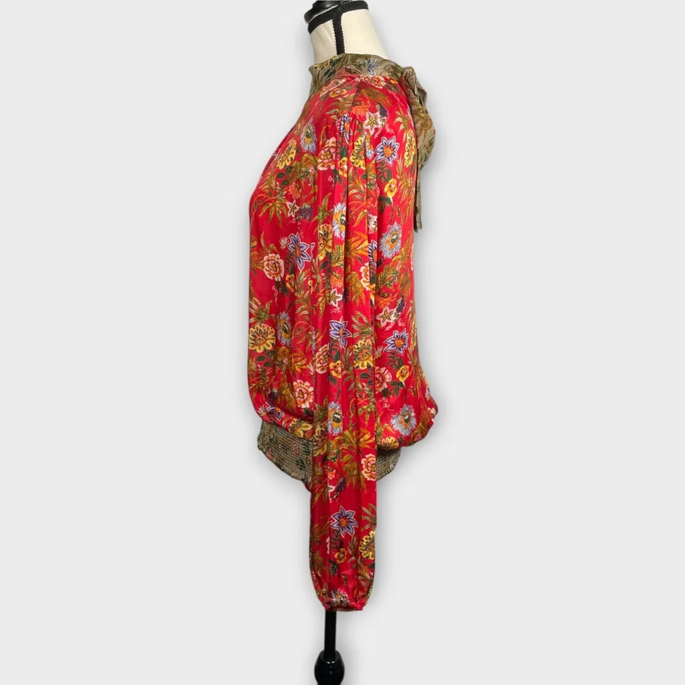 Nikasha Top MEDIUM Red Floral Mock Neck Puff Sleeve Smocked Waist Neck Tie EUC - Picture 4 of 10